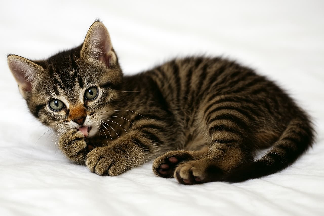 白いシーツの上で前足を軽く噛みながら横たわるキジトラ子猫（まだ眠いけど、ちょっと遊びたい気分。眠りから覚めた直後の無邪気さを表現）