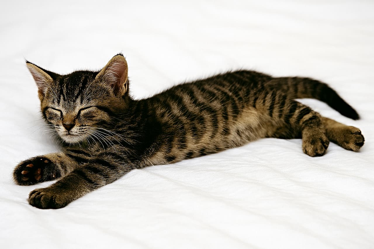白いシーツの上で体を横に伸ばしリラックスしているキジトラ子猫（ひとしきり動いたら、またごろん）