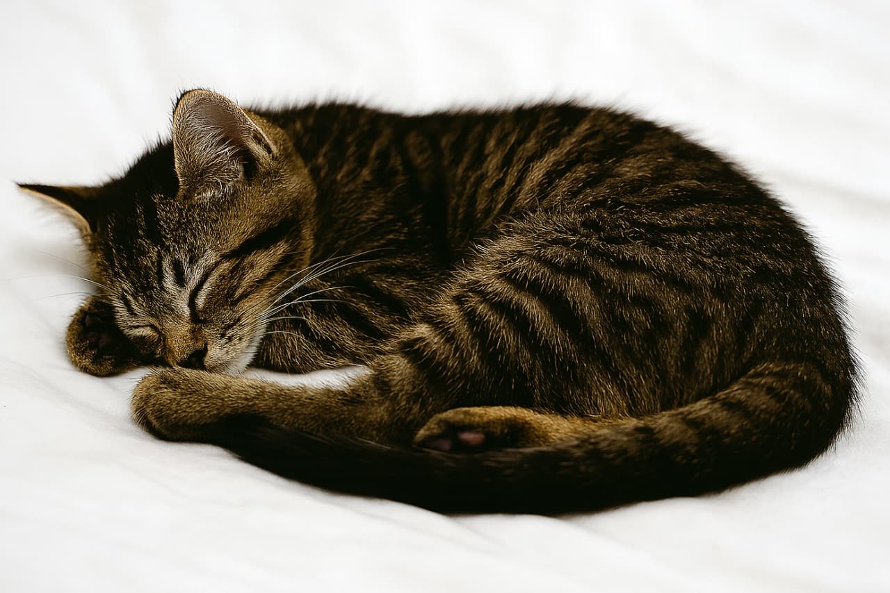 白いシーツの上で体を丸めて眠るキジトラ子猫（結局また眠りに落ちてしまい、夢の中へ）