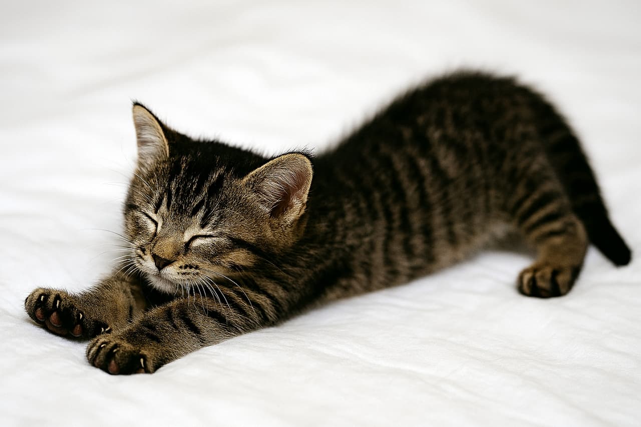 白いシーツの上で前足を前に伸ばし、後ろ足も突っ張って伸びをするキジトラ子猫（体をぐーっと伸ばして、気持ちよくリセット）