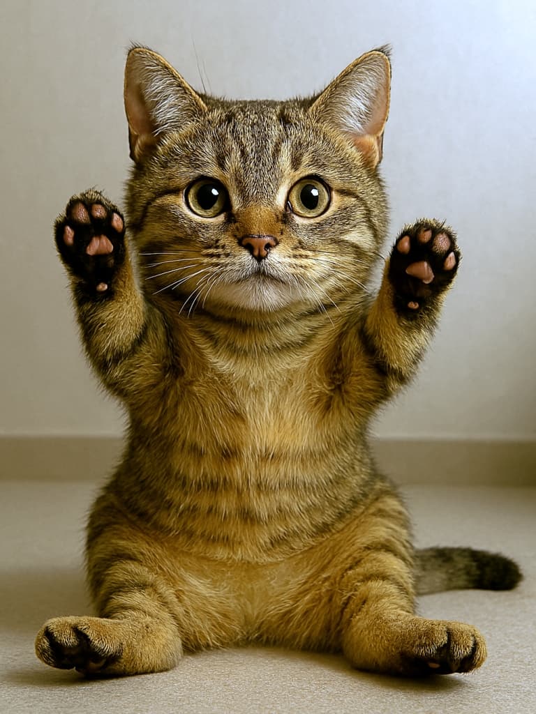 短い足のマンチカン子猫が、両前足を高く上げたバンザイポーズでこちらを見つめている。大きな顔と短い手足が愛らしく、自然光で毛並みが柔らかく輝いている。