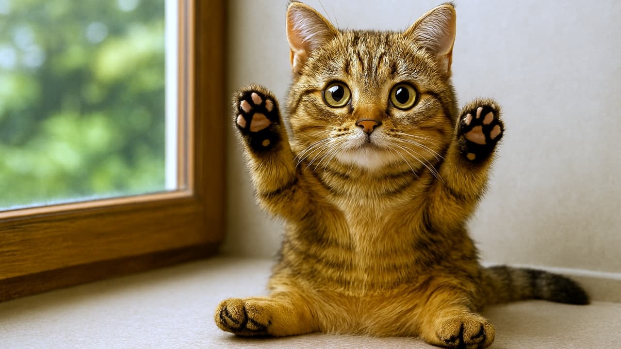 短足マンチカン子猫が窓辺で両前足を上げてバンザイポーズをしている。背景には室内の壁と窓枠があり、自然光が差し込んで毛並みと外の縁が柔らかく輝いている。大きな顔と短い前足が愛らしい
