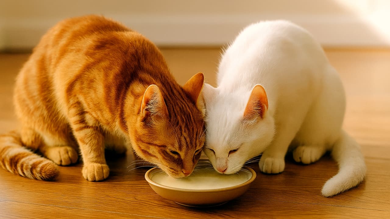オレンジタビーと白猫が、横長の木の床の上で小さな器からミルクを一緒に飲んでいる。朝の光に包まれ、尾が床の上で軽く触れ合っている様子