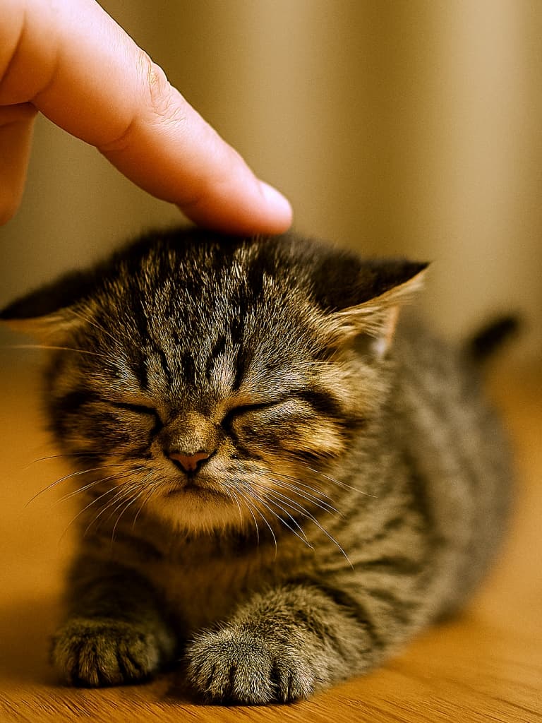 床にぺたんと伏せてしっぽを小さく動かし、不満を表すちび子猫