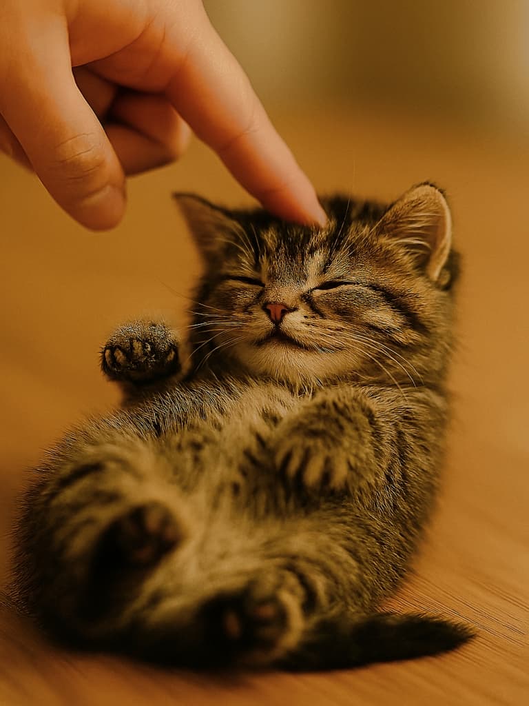お腹を見せて床に転がるちび子猫