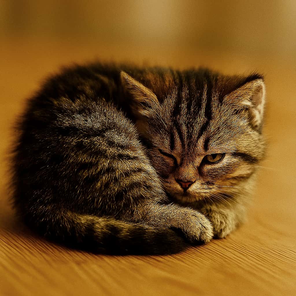 片目だけうっすら開けて、まだ怒っている様子のちび子猫