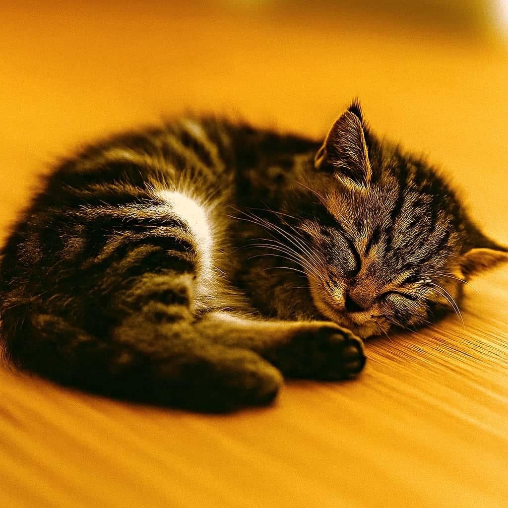 体を丸めて安心しきった寝顔のちび子猫