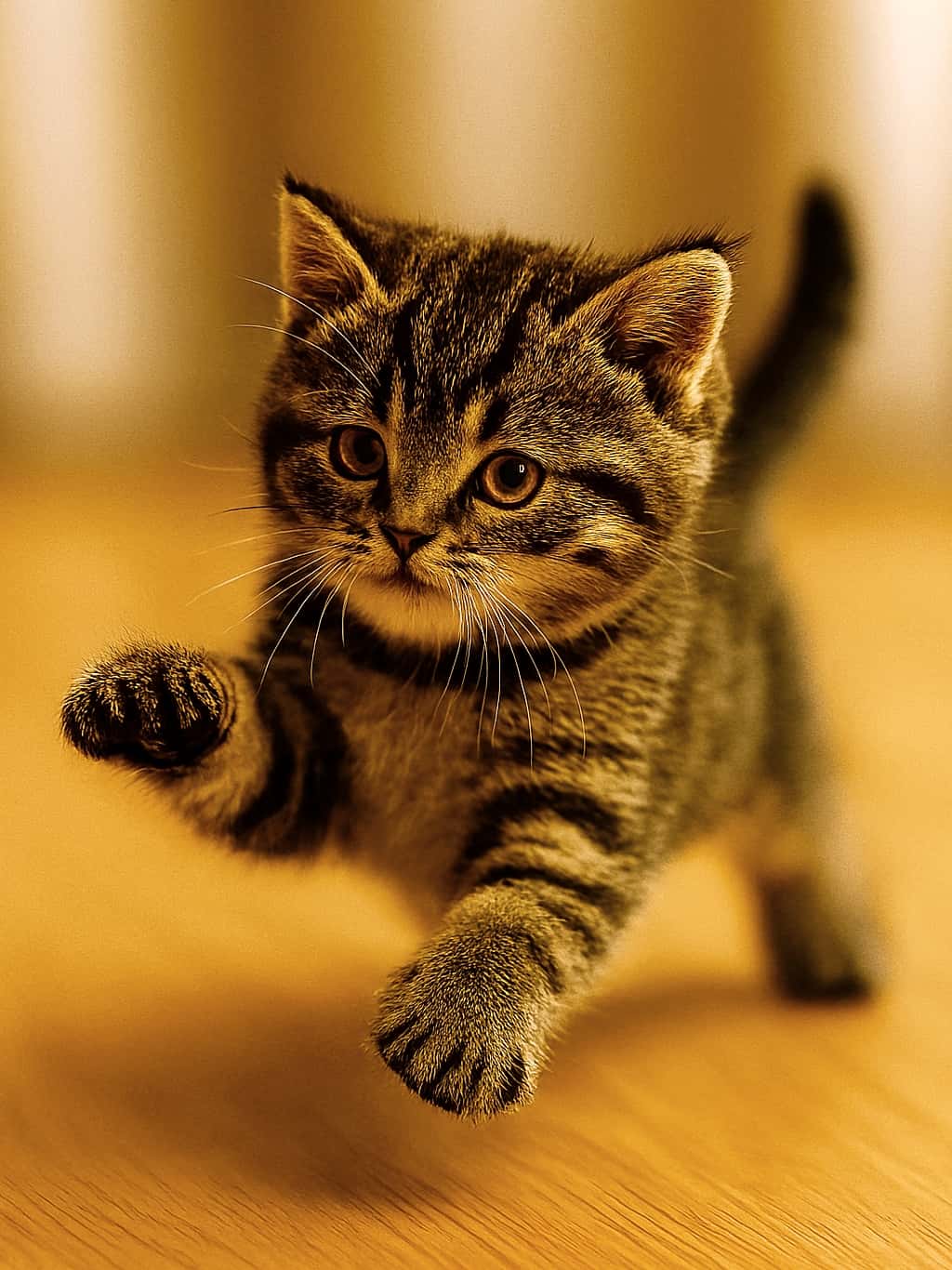 床の上でぴょんと跳ねる子猫