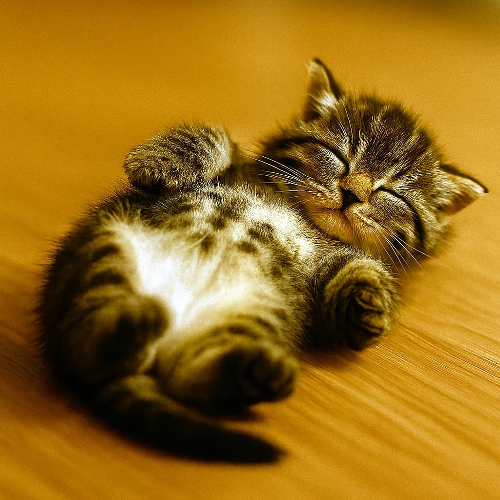 遊び疲れて床に転がり寝落ちするちび子猫