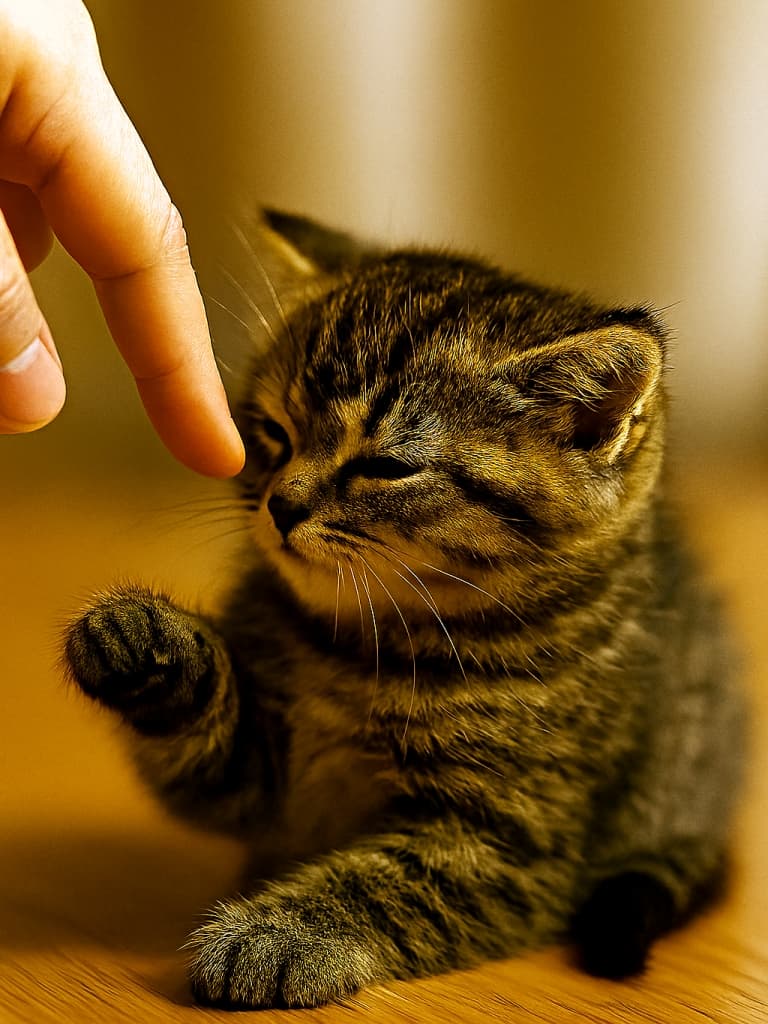 人差し指に前足をちょんと伸ばすちび子猫