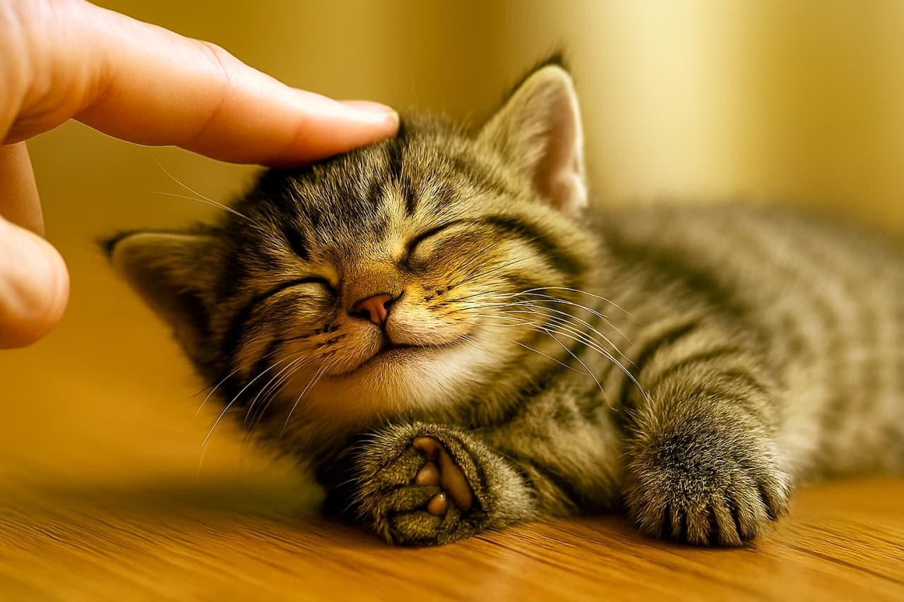木目の床の上で起き上がった小さなキジトラ子猫。目を閉じてうっとりとした表情を浮かべ、人の指先で頭をなでられて気持ちよさそうにしている。前足を軽く持ち上げ、リラックスした姿勢で甘えている