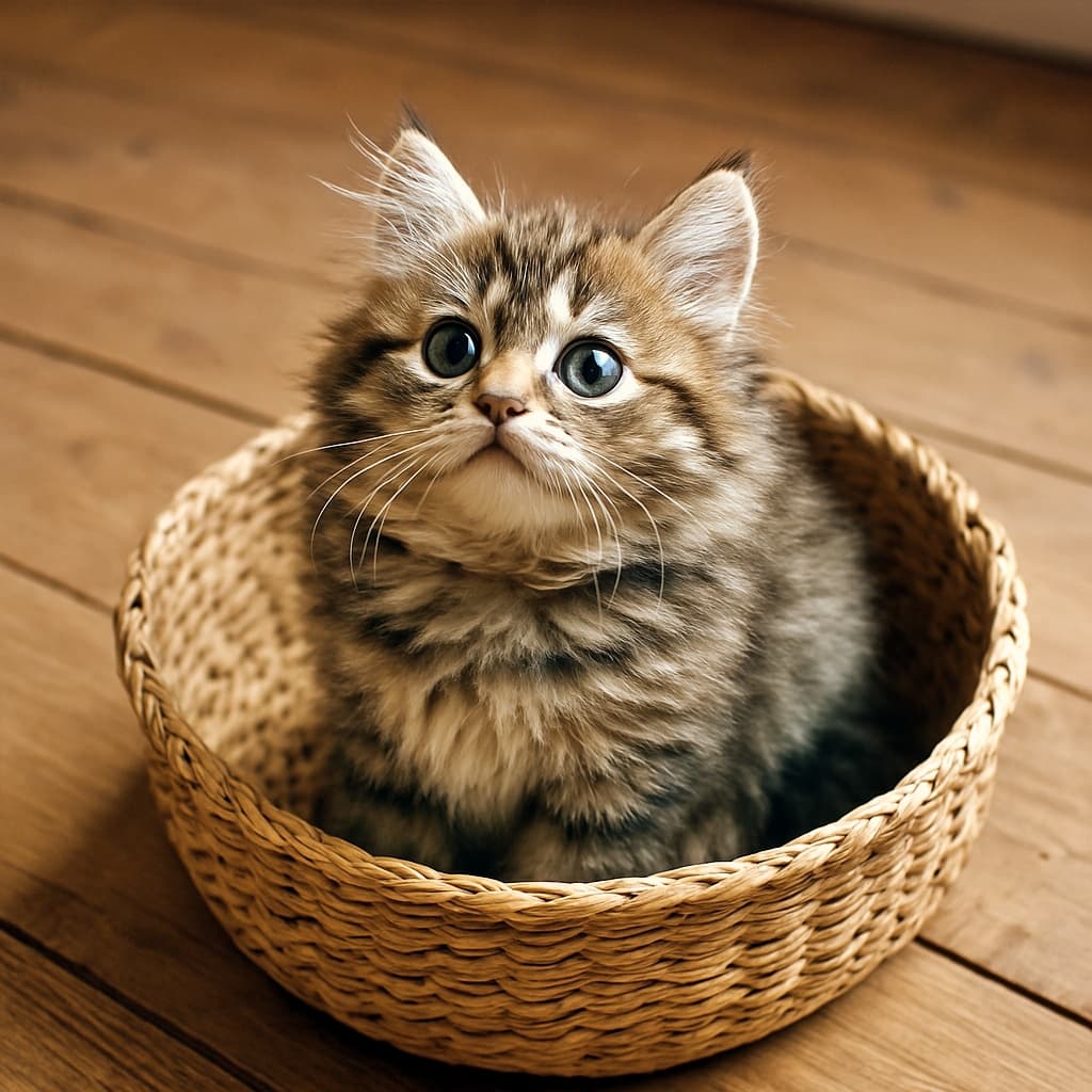 丸いかごの中に座る長毛の子猫。大きな瞳で見上げ、好奇心と愛らしさがあふれる様子