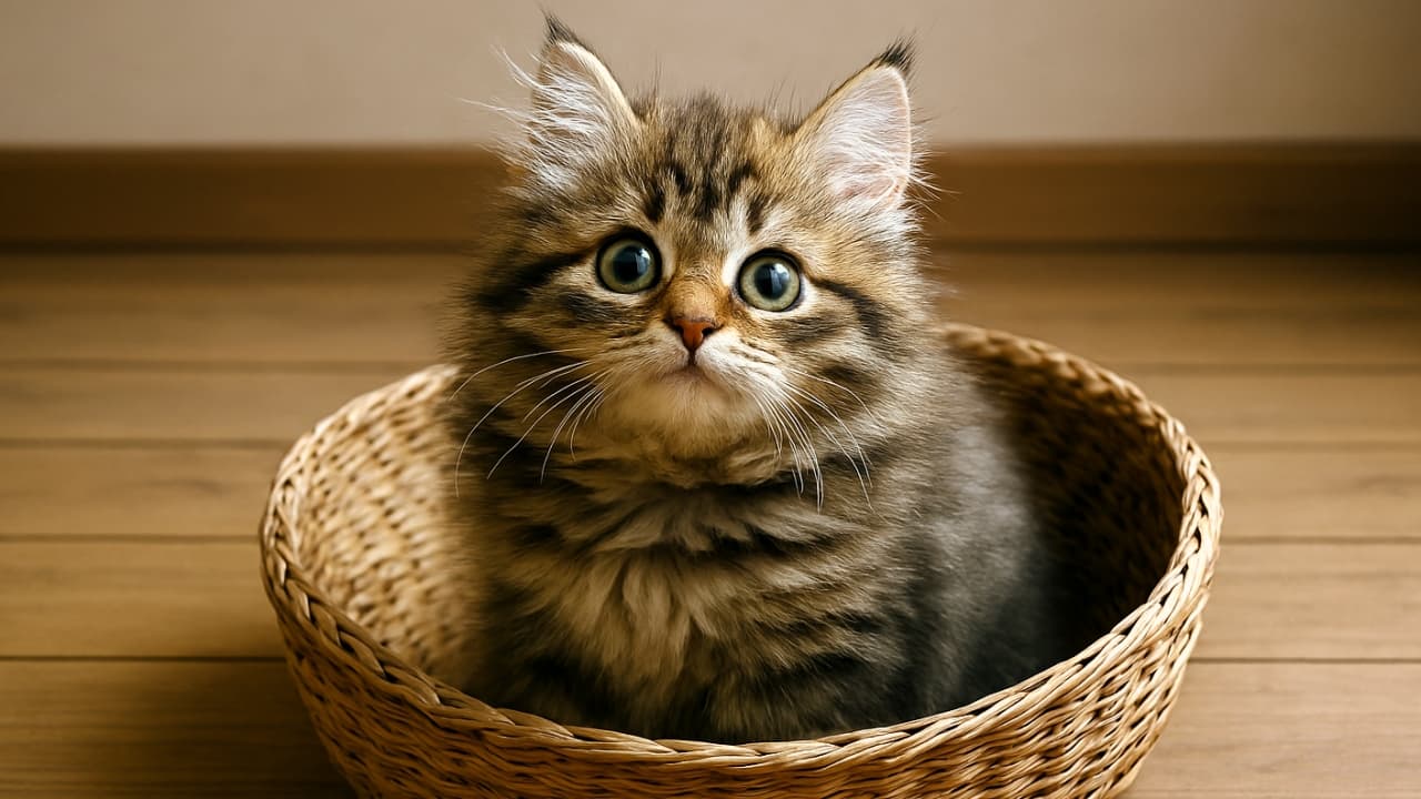 横長構図の写真。右寄りにふわふわの茶トラ子猫が丸い籐かごに座り、まっすぐこちらを見つめている。背景は木の床と淡い色の壁が左右に広がり、柔らかな光が子猫の毛並みを温かく照らしている