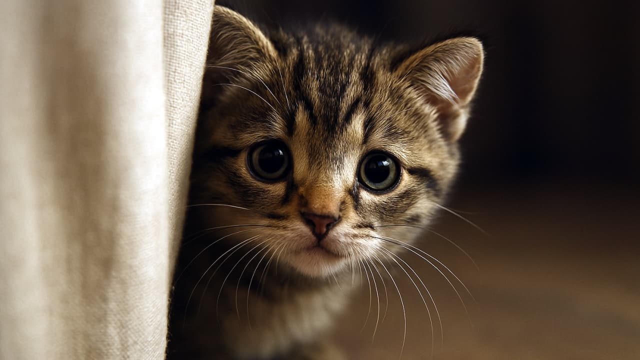 ベージュのカーテンの陰から、丸い瞳でこちらを覗く若いキジトラ子猫。柔らかな光が顔を照らし、好奇心と少しの警戒心が入り混じった表情。A young tabby kitten peeks out from behind a beige curtain, its round eyes wide with curiosity and a hint of caution, soft light illuminating its face.