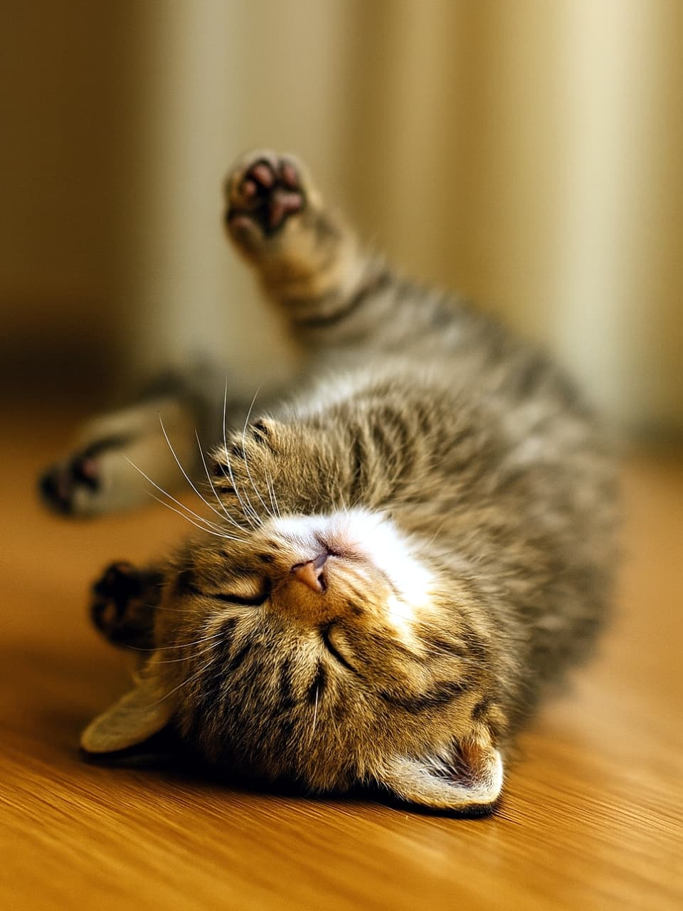 机の上で体を丸めて楽しそうに転がるちび子猫。前足と後ろ足を伸ばしながら無邪気に遊ぶ姿が愛らしい