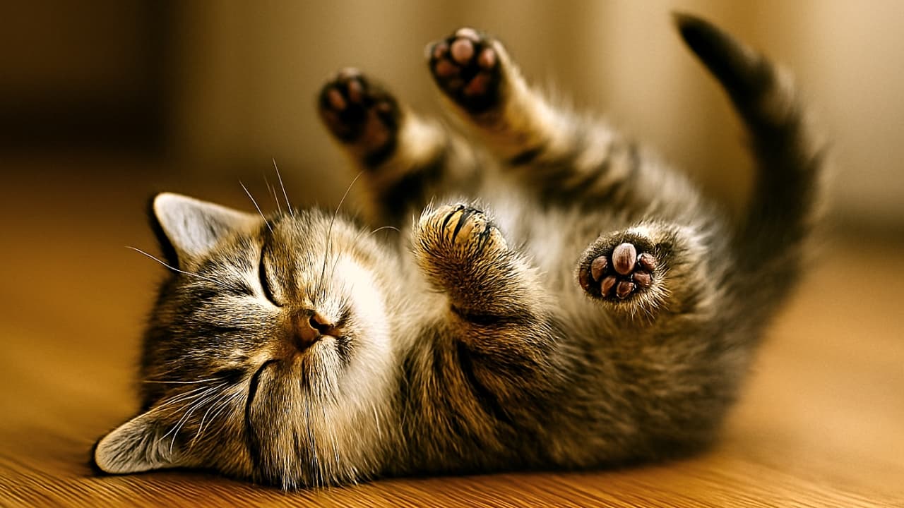 横長構図で木の床に仰向けになり、目を閉じて気持ちよさそうに転がるちび子猫。前足と後ろ足の肉球が見える