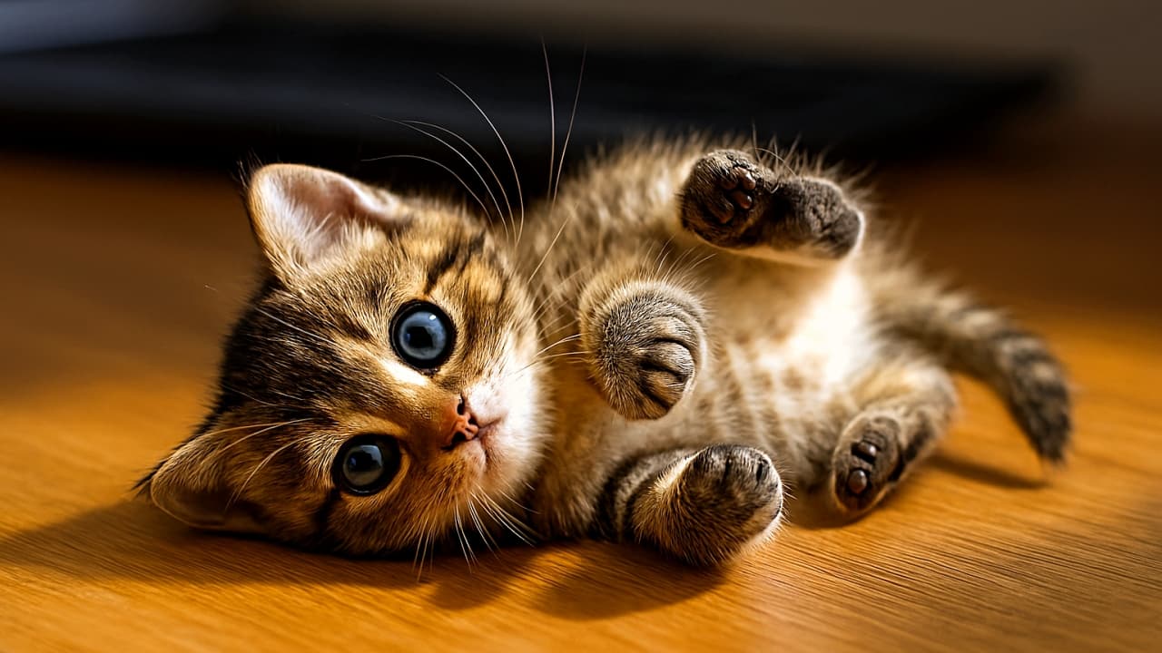 掌サイズの小さな子猫が木の机の上で仰向けに転がり、前足を胸に丸めながら無邪気に遊んでいる。柔らかな毛並みと青緑の瞳が自然光に照らされ、机の木目と温かな光が子猫の小ささを際立たせている