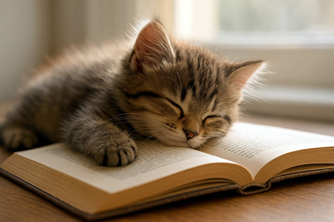 窓辺の柔らかな光に照らされながら、開いた本の上で眠る小さなキジトラ子猫。木の机と本のページが温かい雰囲気を演出し、安らぎを感じさせる横長構図