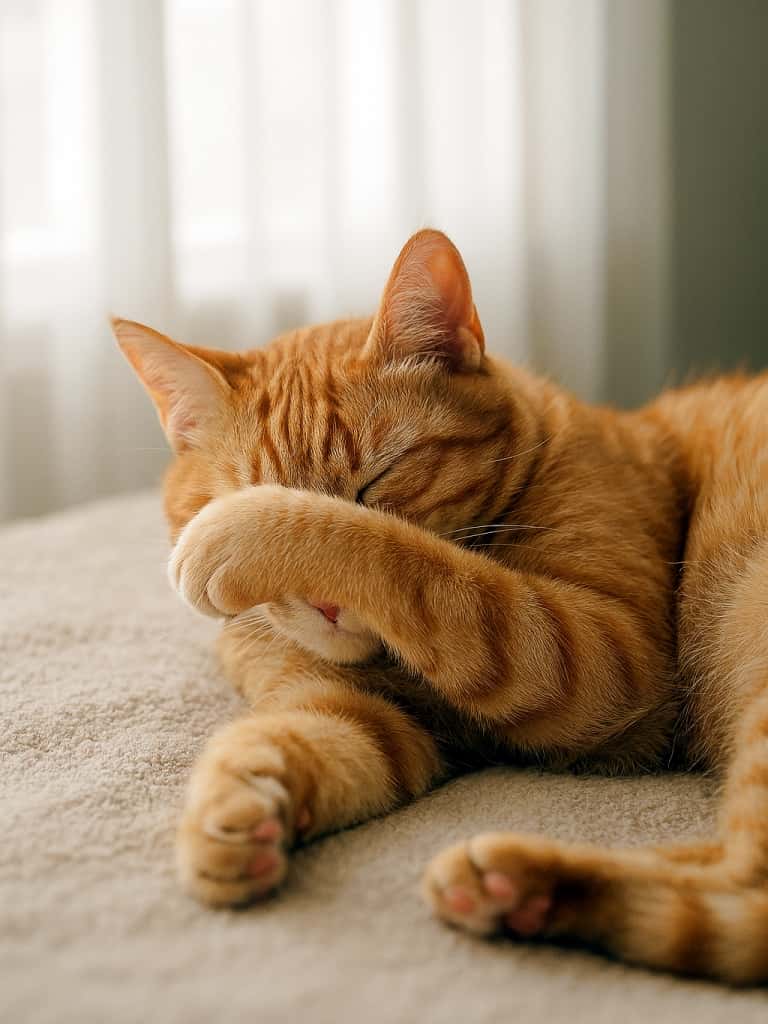 前足で目を隠して眠る茶トラ子猫。カーテン越しの柔らかな光に包まれ、ふわふわの寝床で気持ちよさそうにお昼寝している。