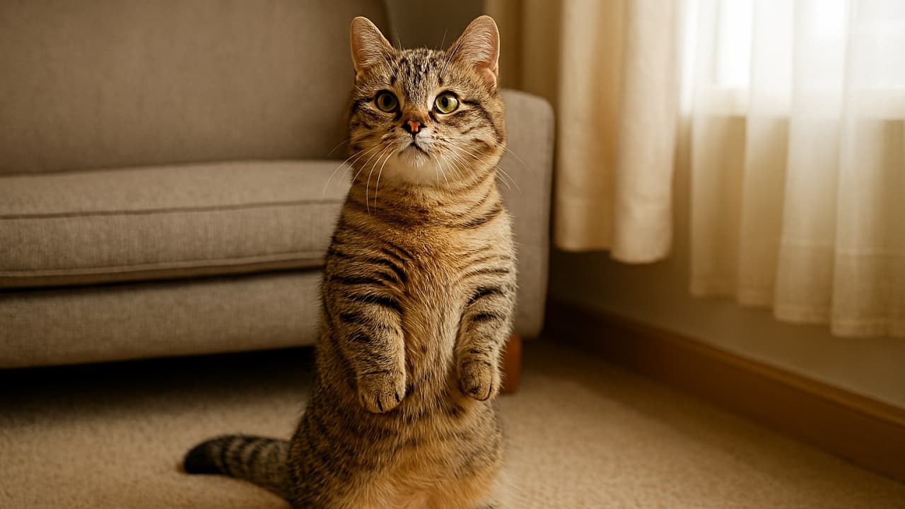 リビングで、短い足のマンチカンが後ろ足で立ち、ミーアキャットのように周囲を見渡している。何か面白いことを見つけたようにキラキラ輝いている。左側にベージュのソファ、右側にカーテン越しの柔らかな自然光が差し込み、好奇心いっぱいの表情が際立っている