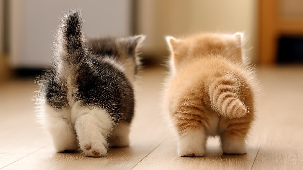 マンチカンの子猫2匹が木の床をよちよち歩いている後ろ姿。左はグレー白のふわふわ毛並み、右は茶トラ白。短い足とぴんと立ったしっぽが特徴的。横長画像