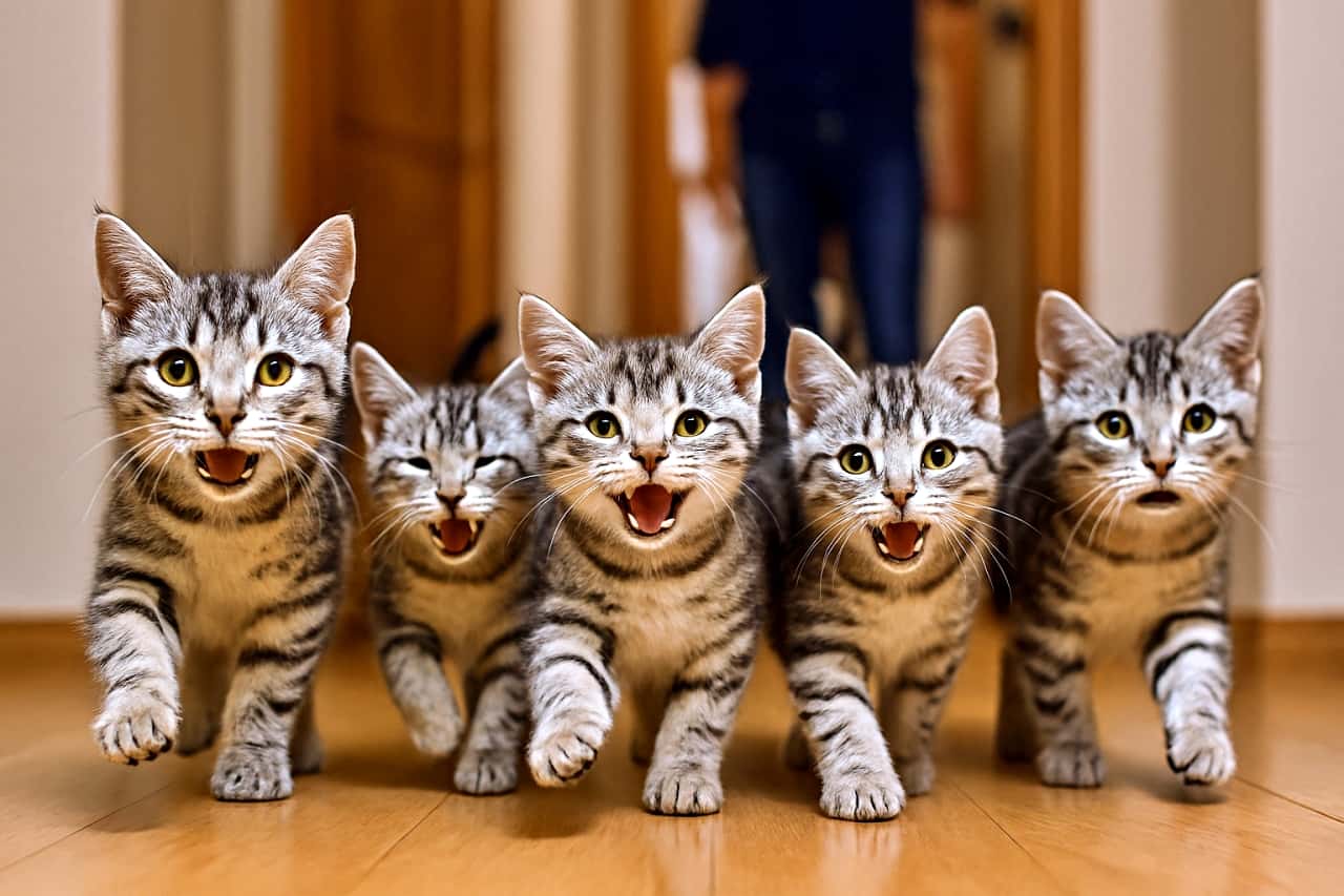 木目の床に密着して「行かないで！」と鳴く5匹のシルバータビー子猫。各々が寂しそう・必死・甘えた表情を見せている。