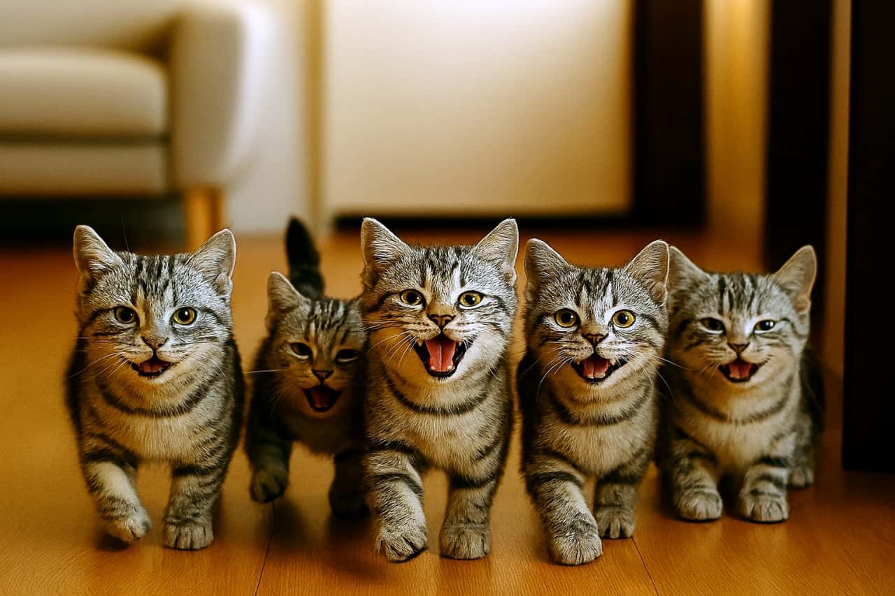 5匹のシルバータビーのアメリカンショートヘア子猫が横一列に並び、飼い主に向かって鳴いたり、じっと見つめて外出を引き止めようとしている