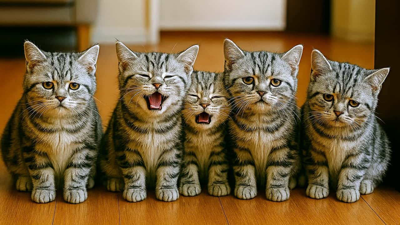 5匹のシルバータビーの子猫が木の床の上に並んで座り、飼い主が外出しようとするのを引き止めるように鳴いたり、さびしそうな表情を浮かべている