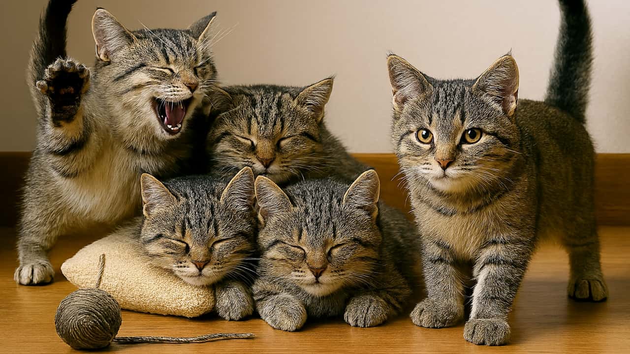 シルバータビーの子猫5匹が木の床とクッションの上で遊び疲れて寄り添う様子。左の子は前足を上げて元気に立ち、中央の3匹はクッションで寄り添い、右の子は自然な姿勢でカメラを見つめている。毛糸玉が床に転がり、温かい雰囲気が漂う