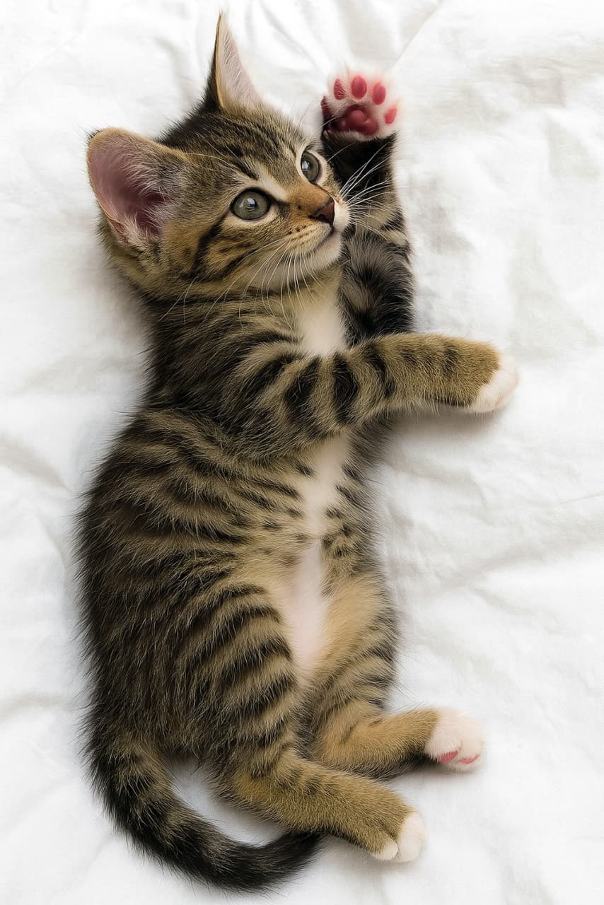 白い布の上で仰向けに寝転ぶ若いキジトラ子猫。大きな緑がかった灰色の瞳でこちらを見つめ、右前足を伸ばして肉球を見せている。柔らかな縞模様の毛並みと白いお腹が際立ち、愛らしい表情とリラックスした姿が温かみを感じさせる