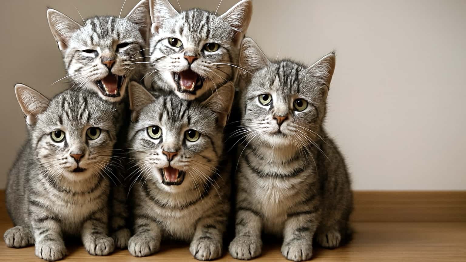 5匹のグレーの縞模様の子猫が木の床に並んで座り、3匹は口を開けて鳴いているように見える。残りの2匹は静かに前を見つめ、全体が左右対称に配置されていて愛らしい雰囲気を演出している。Five gray tabby kittens sit closely together on a wooden surface, three with mouths open as if meowing while two remain calm. Their symmetrical arrangement and lively expressions create a charming and engaging scene.