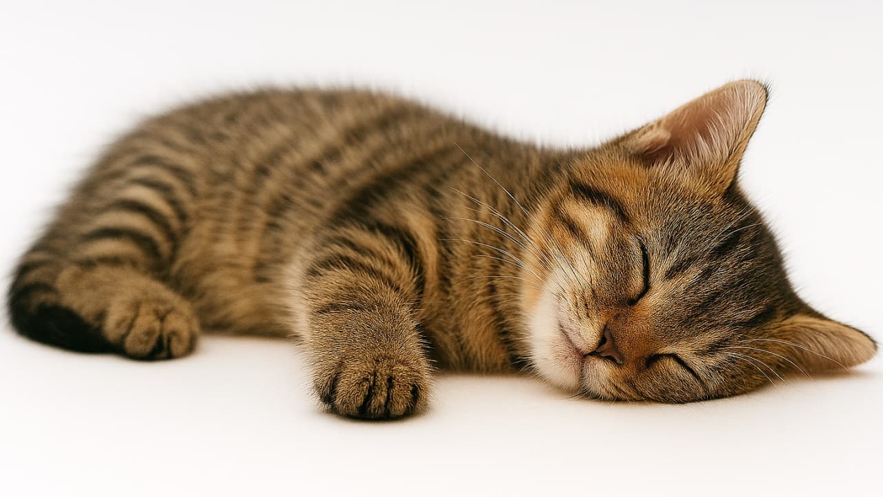 小さなタビー子猫が白い背景の上で横になり、目を閉じてすやすや眠っている。前足を少し伸ばしたまま、安心しきった表情で深い眠りに入っている姿をとらえた写真