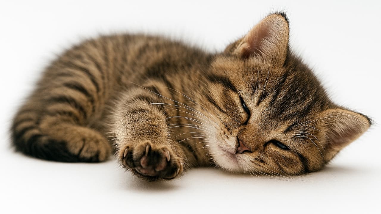 頭を床につけて横になったタビー子猫が、前足を伸ばしてカメラにちょっかいを出している。青い瞳が好奇心を示し、遊び心と安心感が同時に感じられる写真