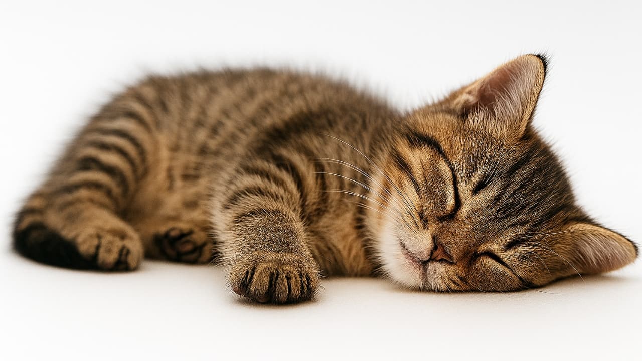 遊び疲れたタビー子猫が横になり、目を閉じかけて眠りに落ちる直前の姿。前足を少し伸ばしたまま、安心しきった穏やかな表情を見せている写真