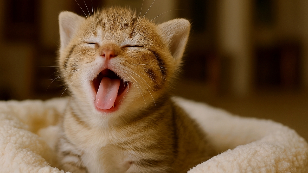 ふわふわのクリーム色の毛布にくるまり、目を閉じて大きなあくびをする茶トラ柄の子猫。左右にやわらかな室内背景が広がり、暖かい光が毛並みをやさしく照らしている