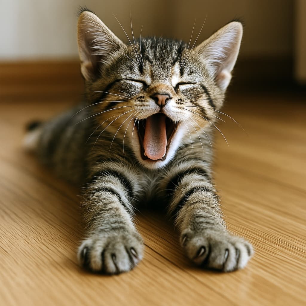 木の床に寝そべりながら前足を伸ばし、大きなあくびをするキジトラの子猫。柔らかな焦げ茶とベージュの縞模様が特徴で、背景はぼかされており、子猫の表情と仕草が際立っている