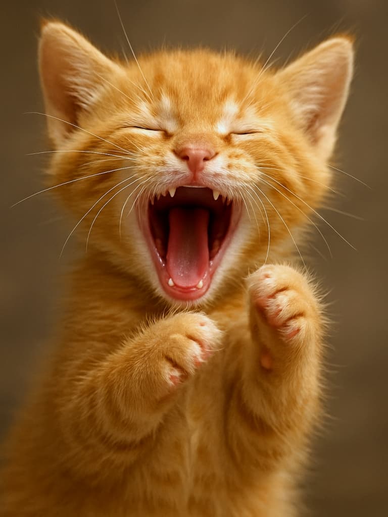 口を大きく開けて前足を軽く持ち上げながらあくびをする茶トラの子猫。目を閉じた表情が眠気を感じさせ、温かみのあるオレンジ色の毛並みが柔らかな雰囲気を醸し出している。背景はぼかされており、子猫の仕草が際立っている