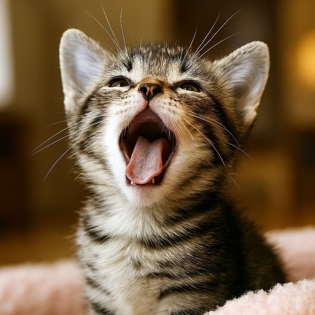 やわらかなピンクの上で大きなあくびをする若いキジトラ子猫。 ふわふわの毛並みと長いひげが際立ち、背景はやさしくぼかされている