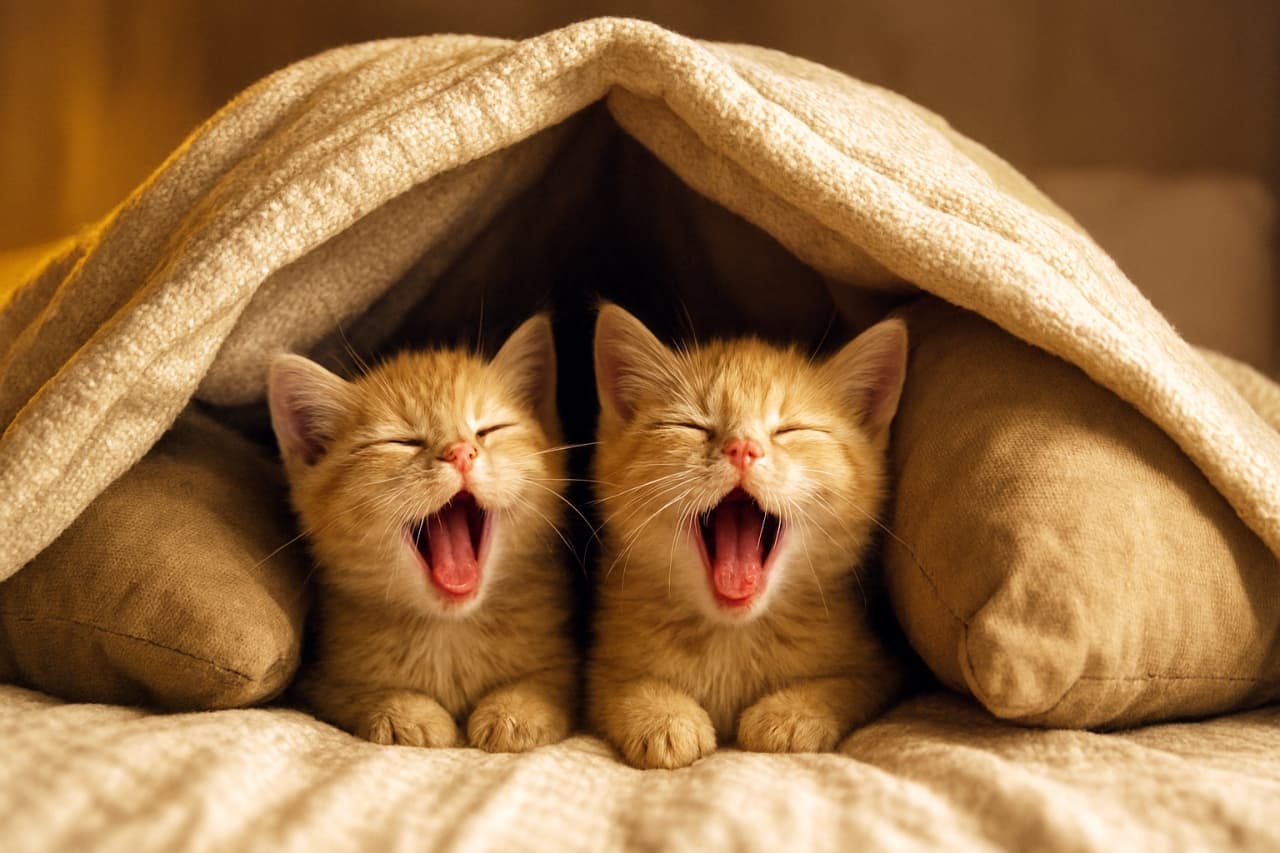 Two fluffy kittens nestled in a cozy pillow-and-blanket fort on a bed, yawning in unison under warm soft lighting, peaceful and adorable atmosphere. “Side by side, drifting into the same dream. Even their yawns are in sync, in this gentle afternoon.”