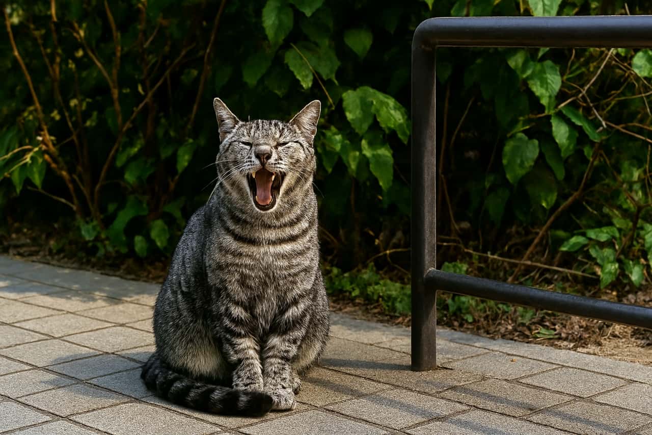 緑の茂みを背に、灰色縞の猫が舗道で大きく口を開けてあくび。尾は前足に巻かれている
