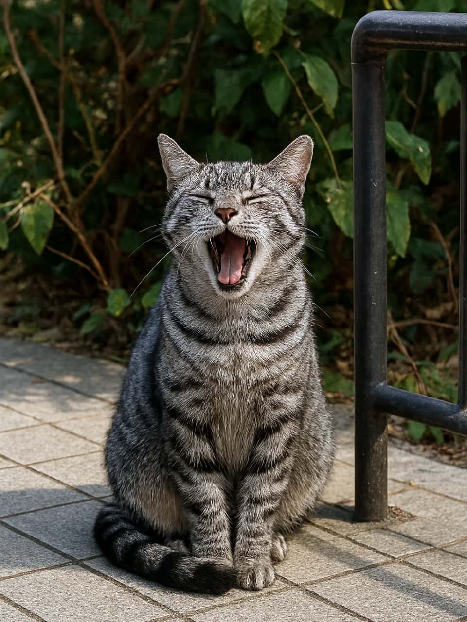 灯り差す舗道で大きく口を開けている灰色縞の猫。前足に尾を巻き、鉄柵のそばで静かに座っている