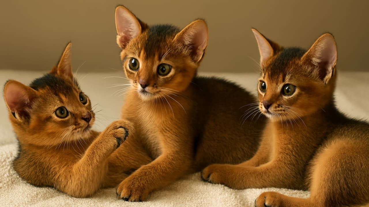 柔らかな淡色のタオルの上で３匹のアビシニアン子猫が寄り添いながら遊んでいる。左の子は前足を伸ばして中央の子に触れようとし、中央の子は正面を見つめ、右の子は少し身を寄せている。３匹とも赤茶色の毛並みと大きな耳、表情豊かな瞳を持ち、自然光に照らされて毛並みが輝いている