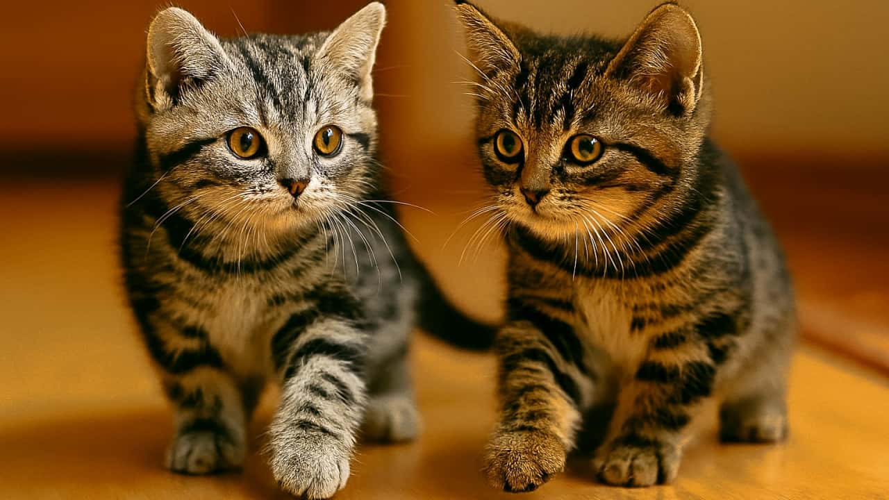 シルバークラシックタビーとブラウンマッカレルタビーの子猫が寄り添って座り、同じ方向を見つめている。仲間意識や好奇心が感じられる穏やかなシーン