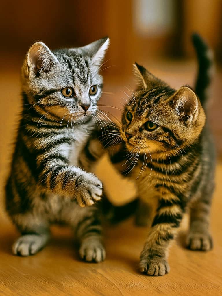 シルバークラシックタビーのアメリカンショートヘア子猫が木の床に座り、まっすぐカメラを見つめている。丸い瞳と渦巻き模様が特徴的で、好奇心に満ちた表情