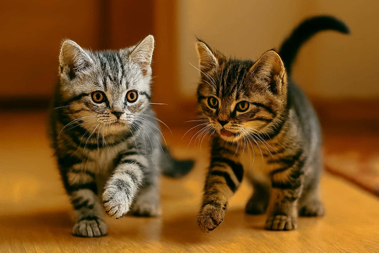 シルバークラシックタビーのアメリカンショートヘア子猫が木の床に座り、まっすぐカメラを見つめている。丸い瞳と渦巻き模様が特徴的で、好奇心に満ちた表情