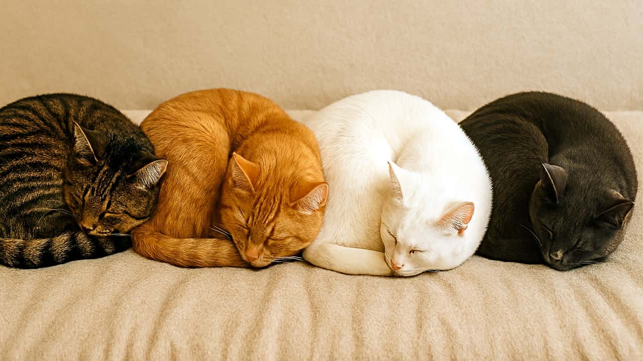 ４匹の猫が横一列に並び、それぞれ体を丸めて尻尾を巻き込み、アンモナイトのような形で眠っている様子。毛色は茶トラ、キジトラ、白、グレーと異なり、柔らかなベージュのブランケットの上でリズムよく並んでいる