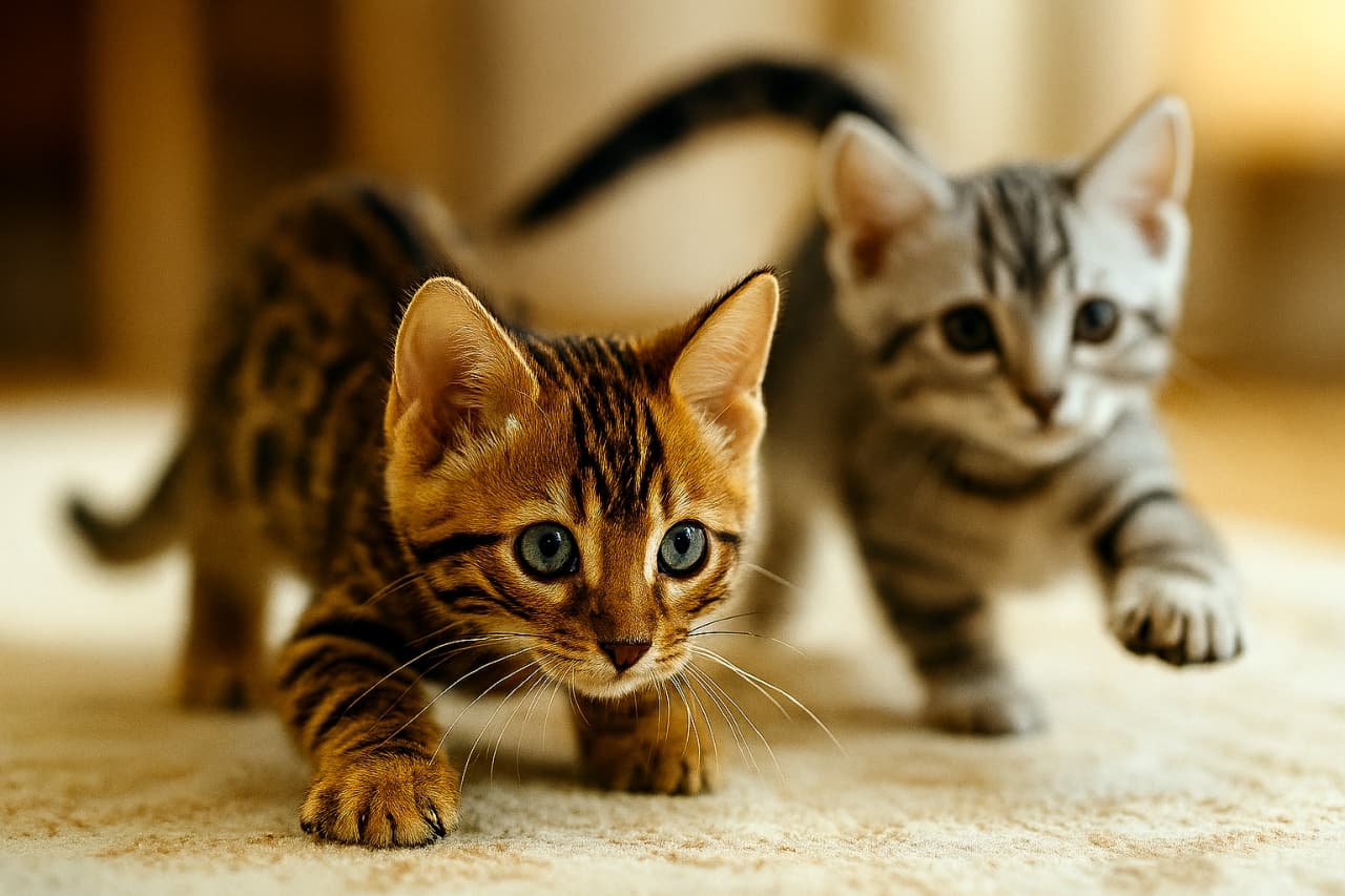 ブラウンスポテッドタビーのベンガル子猫が前方に身をかがめ、奥ではシルバースポテッドタビーが飛びかかろうとしている。活発さと遊び好きな性格が表れている