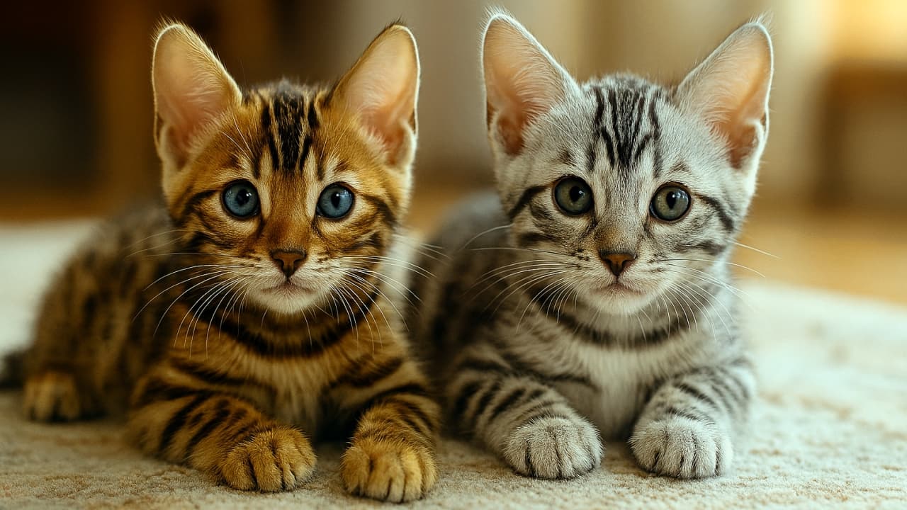 ブラウンスポテッドタビーとシルバースポテッドタビーのベンガル子猫が並んでカメラを見つめている。大きな瞳と模様が際立ち、好奇心と社交性が伝わる