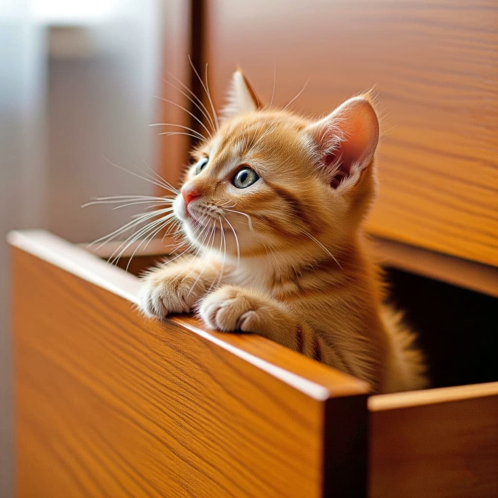 木製の引き出しから顔を出すオレンジ色の子猫。青い瞳で上を見上げ、前足を引き出しの縁にかけている。左側から差し込む自然光が毛並みをやわらかく照らしている。