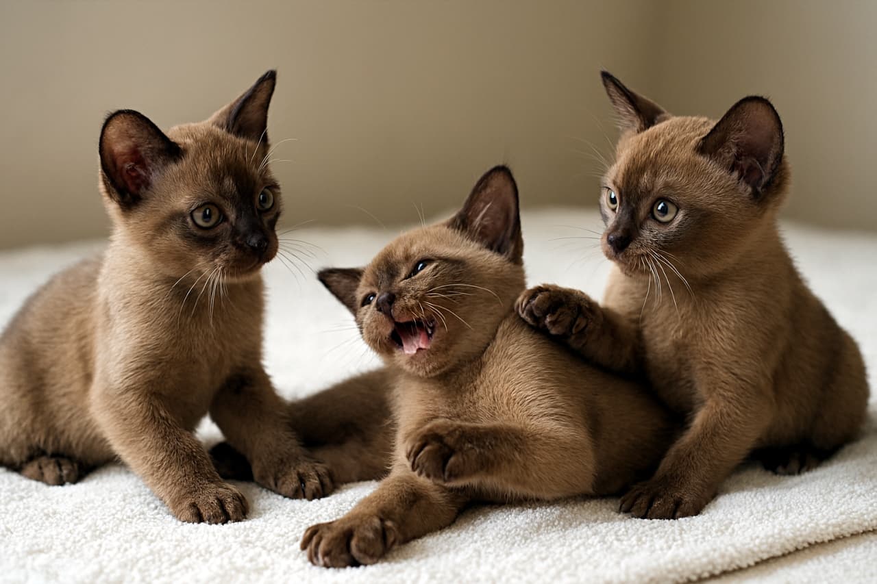 Three Burmese kittens playfully tumbling together on a white towel, captured in a hyper-realistic photo with natural lighting and soft shadows.